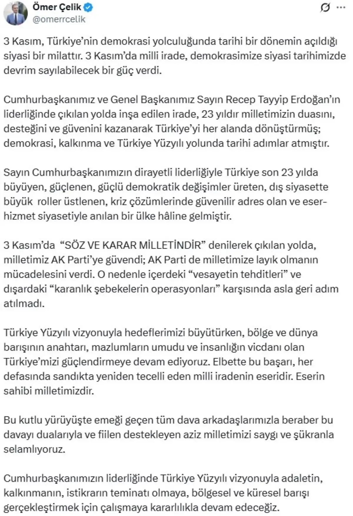 AK Parti Sözcüsü Çelik: 3 Kasım, Türkiye’nin demokrasi yolculuğunda tarihi bir dönemin açıldığı siyasi bir milattır