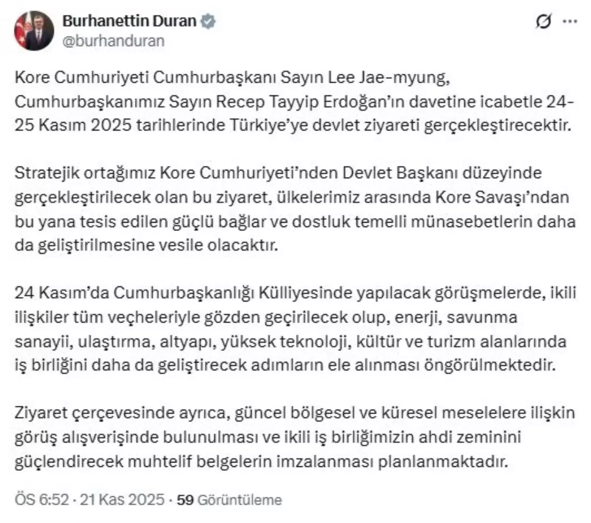 Kore Cumhurbaşkanı Jae-myung, Türkiye’ye gelecek